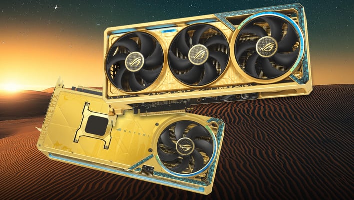 Front and back shots of the ASUS ROG Astral GeFroce RTX 5090 Dhahab OC graphics card in front of a desert background.