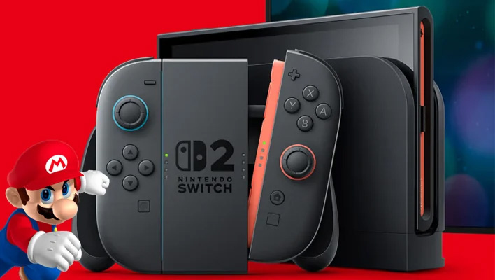 Nintendo Switch 2 in front of a red background. Mario is in the lower-left corner of the image.
