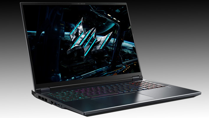 Angled render of the Acer Predator Helios Neo 18 AI on a black and gray gradient background.