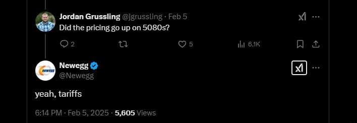 Newegg post on X/Twitter blaming GPU price hikes on tariffs.