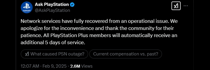 Ask PlayStation (@AskPlayStation) post on X/Twitter announcing that PlayStation Network services have been restored.