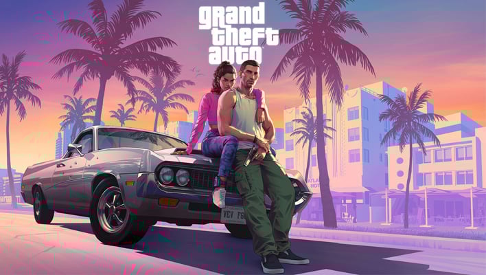 Grand Theft Auto VI image of a man and woman on the hood of a car.
