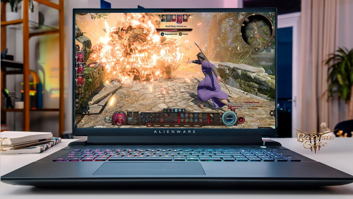 Alienware M18 R2 on a desk playing a game.
