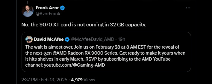 Frank Azor addressing a 32GB Radeon RX 9070 XT rumor on X/Twitter.