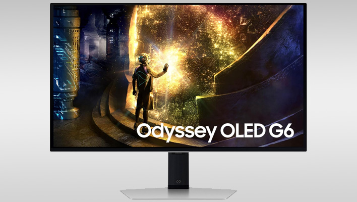 Samsung Odyssey OLED G6 monitor on a gray gradient background.