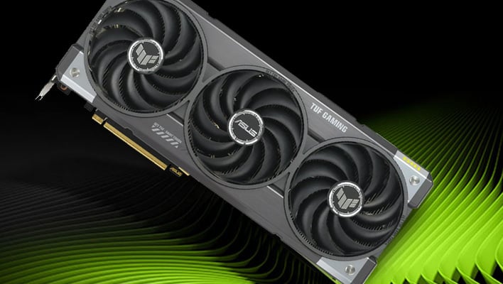 ASUS TUF Gaming GeForce RTX graphics card on a wavy green and black background.