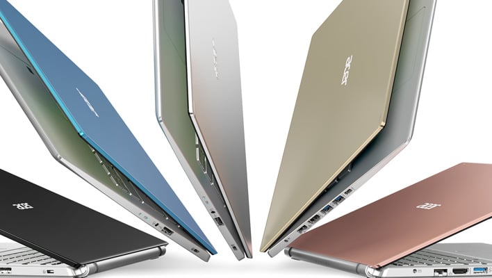 Different colored Acer laptops fanned out on a white background.