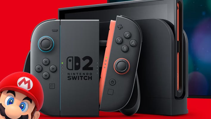 Nintendo Switch 2 with Super Mario poking his head in the lower left corner.