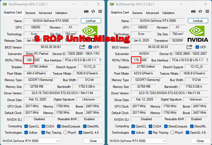 Po stronie zrzutów ekranu GPU-Z w porównaniu z GeForce RTX 5090 ZOTAC z modelem Fe NVIDIA.