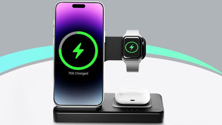 3-in-1 wireless charging station with Apple products.