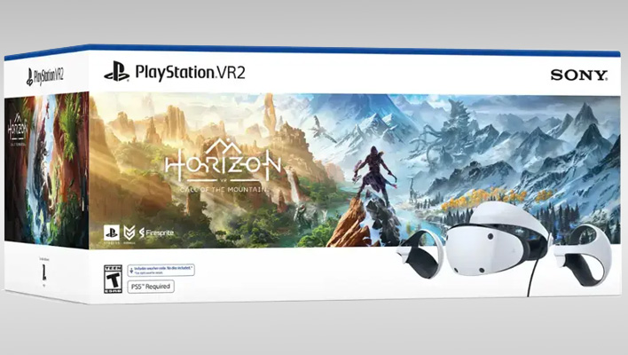 PlayStation VR2 Horizon Call of the Mountain bundle on a gray gradient background.