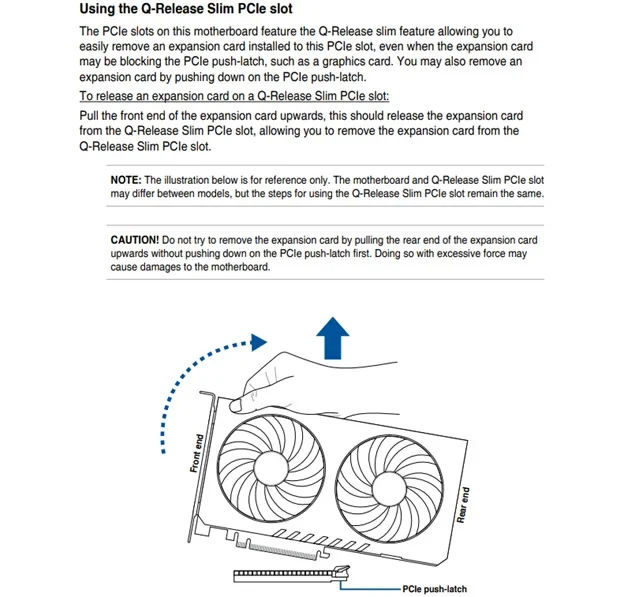ASUS sketch showing how to remove a graphics card from a motherboard.