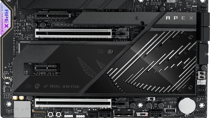 Closeup render of the PCIe slots on the ASUS ROG Crosshair X870E Apex motherboard.