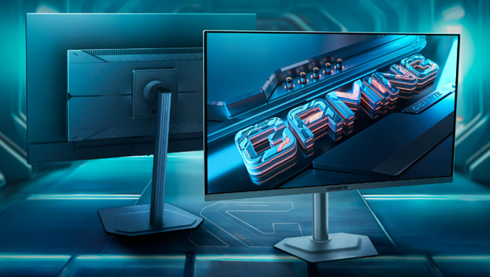 Front and back renders of Gigabyte's Aorus MO27U2 QD-OLED gaming monitor.