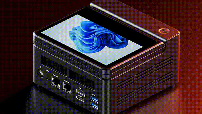 Angled render of Aoostar's G-Flip 370 mini PC showing its port selection.