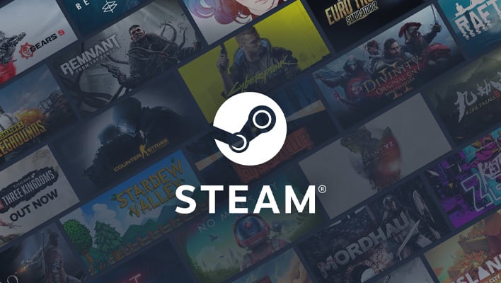 Steam logo in front of a blurred out games.