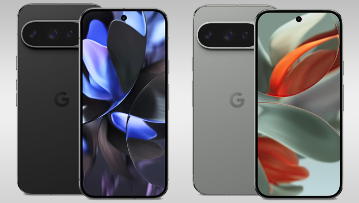 Front and back renders of the Pixel 9 Pro in Obsidian and Hazel colorways on a gray gradient background.