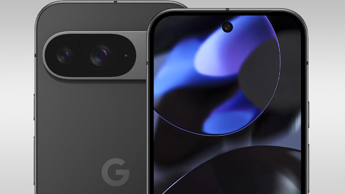 Closeup front and back renders of Google's Pixel 9 in Obsidian black on a gray gradient background.