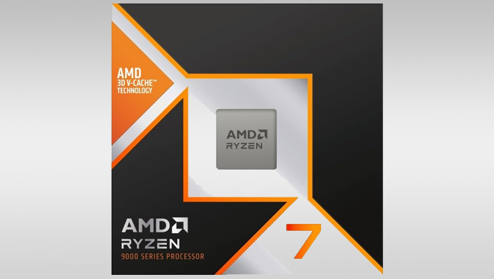 Ryzen 7 9800X3D retail box (render) on a gray gradient background.