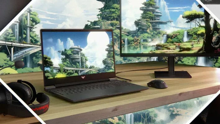 HP Victus gaming laptop on a desk.