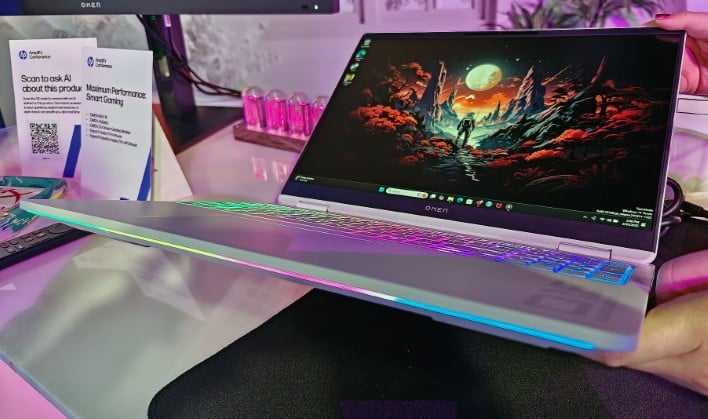 HP Omen Max 16 gaming laptop leaning back.