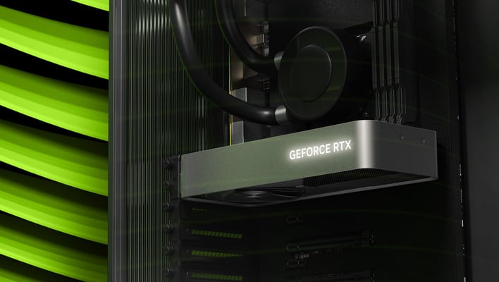 GeForce RTX card inside a PC on a green background (render).