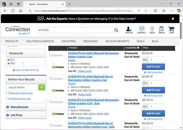 Screenshot degli elenchi RTX Pro 6000 Blackwell alla connessione.