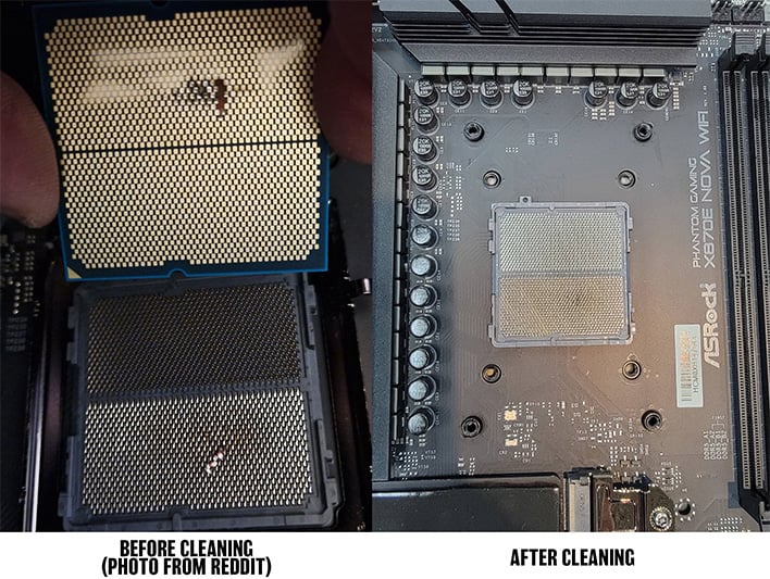 ASRock's before and after cleaning shots of an X870E motherboard.