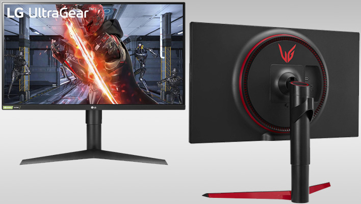Front and back views of an LG Ultragear gaming monitor on a gray gradient background.
