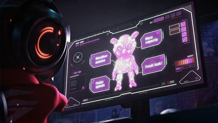 Robot in front of a monitor.