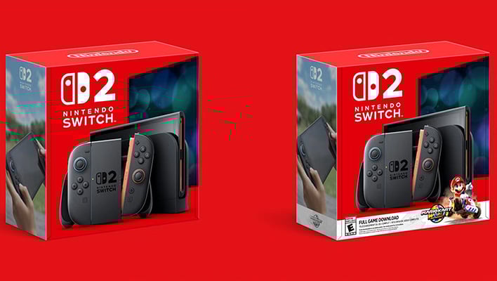 Nintendo Switch 2 retail boxes on a red background.
