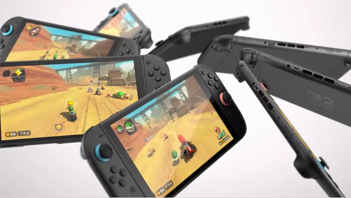 Nintendo Switch 2 consoles swirling in a cirlce.