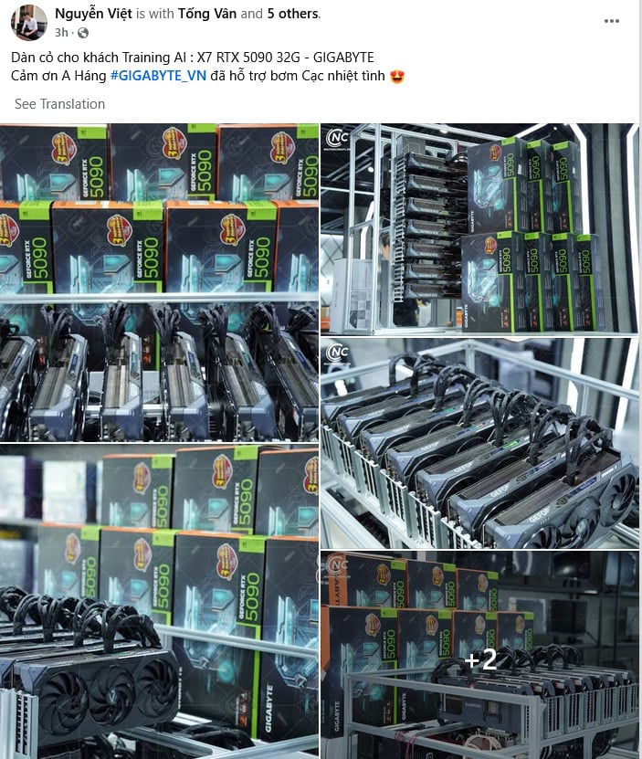 Facebook post showing an AI farm powered by GeForce RTX 5090 GPUs.