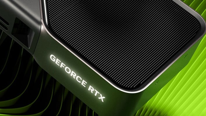 Closeup corner render of a GeForce RTX graphics card.