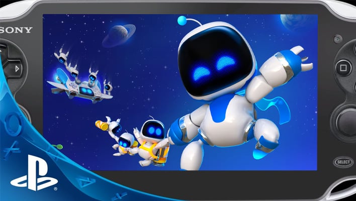 Closeup render of a PlayStation Vita with Astrobot on the display.
