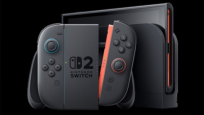 Nintendo Switch 2 console in a dock on a black background.