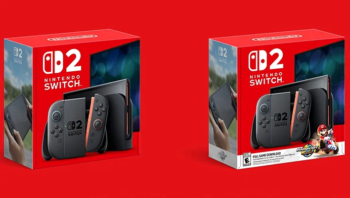 Nintendo Switch 2 and Switch 2 + Mario Kart Deluxe bundle retail packages (renders) on a red background.