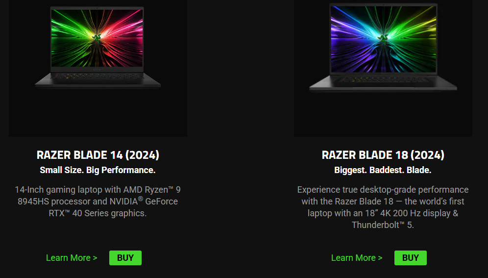 Screenshot of Razer's Blade laptops page in Australia.