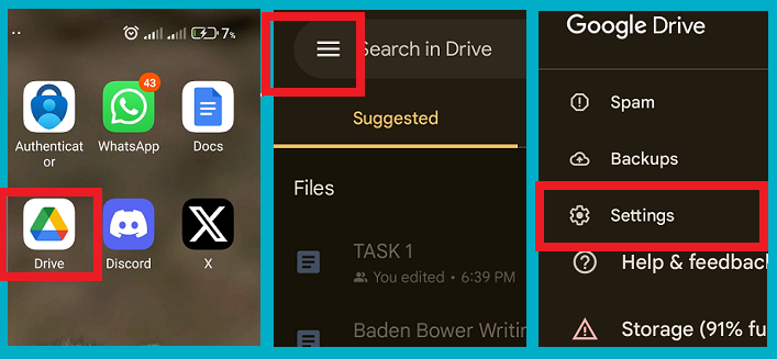 body google drive hambuger settings