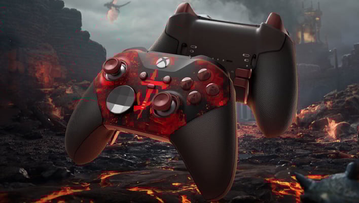 Front and back views of the Xbox Elite Wireless Controller Series 2 hovering above scorched ground with lava flowing.