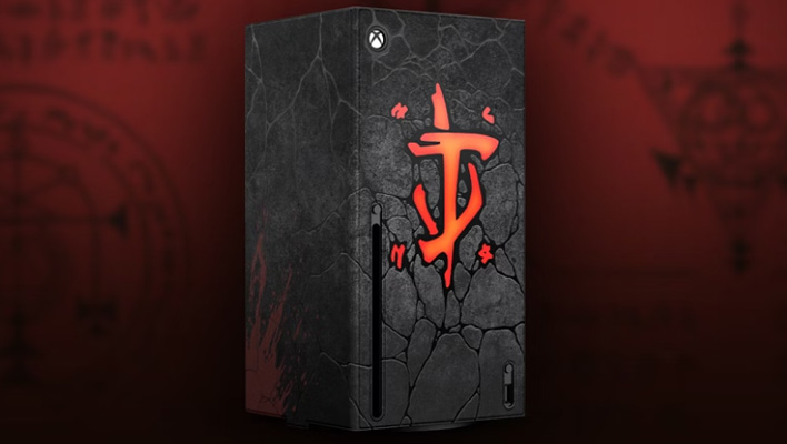 Angled Xbox Series X with a Doom: The Dark Ages wrap in front of a red-themed background.