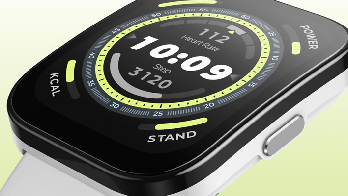 Closeup render of the Amazfit Bip 5 smartwatch on a yellow gradient background.
