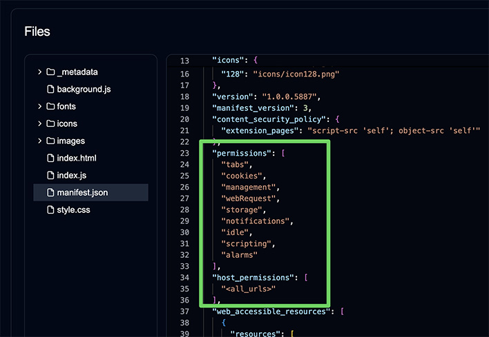 Code showing permissions for a browser extension.