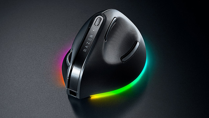 Razer Pro Click V2 Pro Vertical Edition mouse on a gray surface.