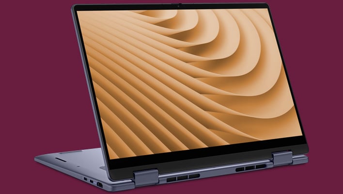Dell 14 Plus 2-in-1 on a pink background.