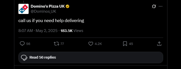 Domino's post on X in response to Rockstar Games delaying GTA VI.