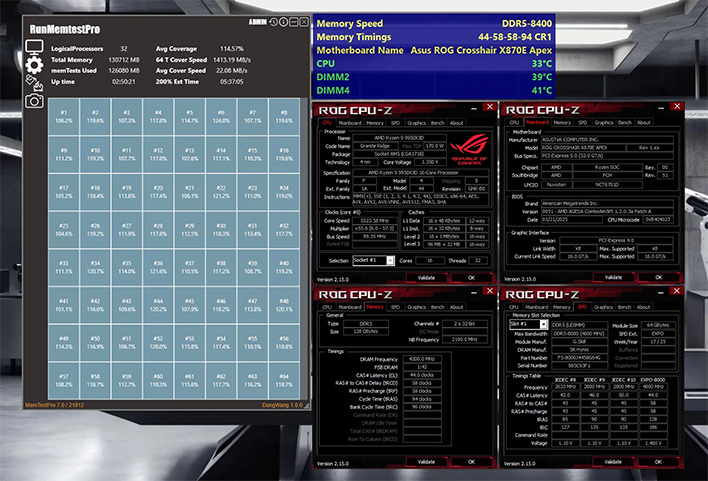 G.Skill screenshot showing MemtestPro and CPU-Z for its 128GB DDR5-8400 memory kit.