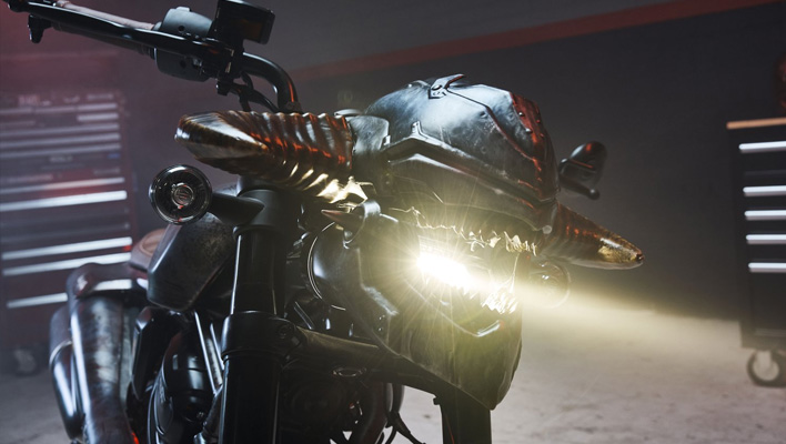 Headlight view of Harley-Davidson's Doom: The Dark Ages-themed motorcycle.