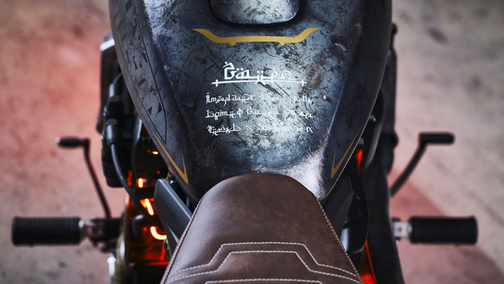 Seat and tank view of Harley-Davidson's Doom: The Dark Ages-themed motorcycle.
