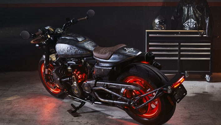 Angled side view of Harley-Davidson's Doom: The Dark Ages-themed motorcycle.